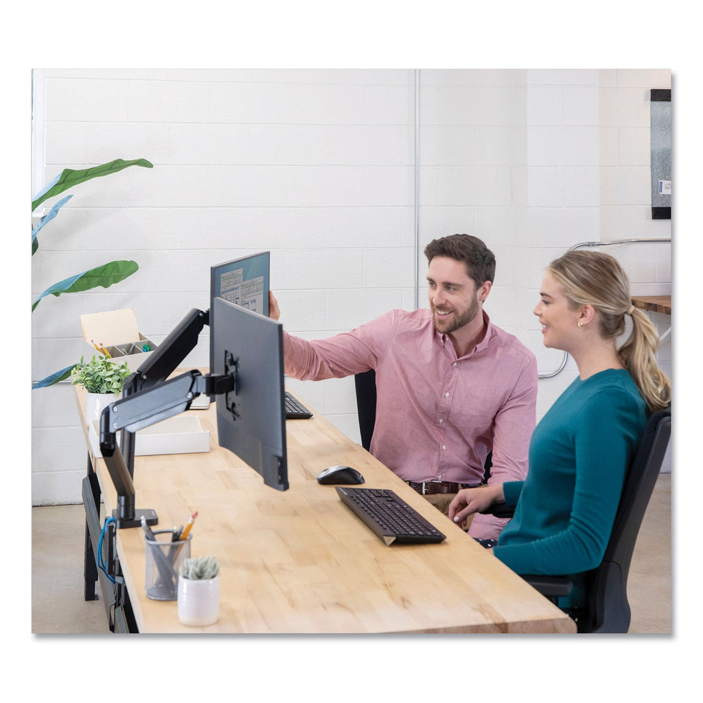 Fellowes Platinum Series Dual Monitor Arm for 27" Monitors, 360 deg Rotation, +85 deg/-20 deg Tilt, 360 deg Pan, Black, Supports 20 lb