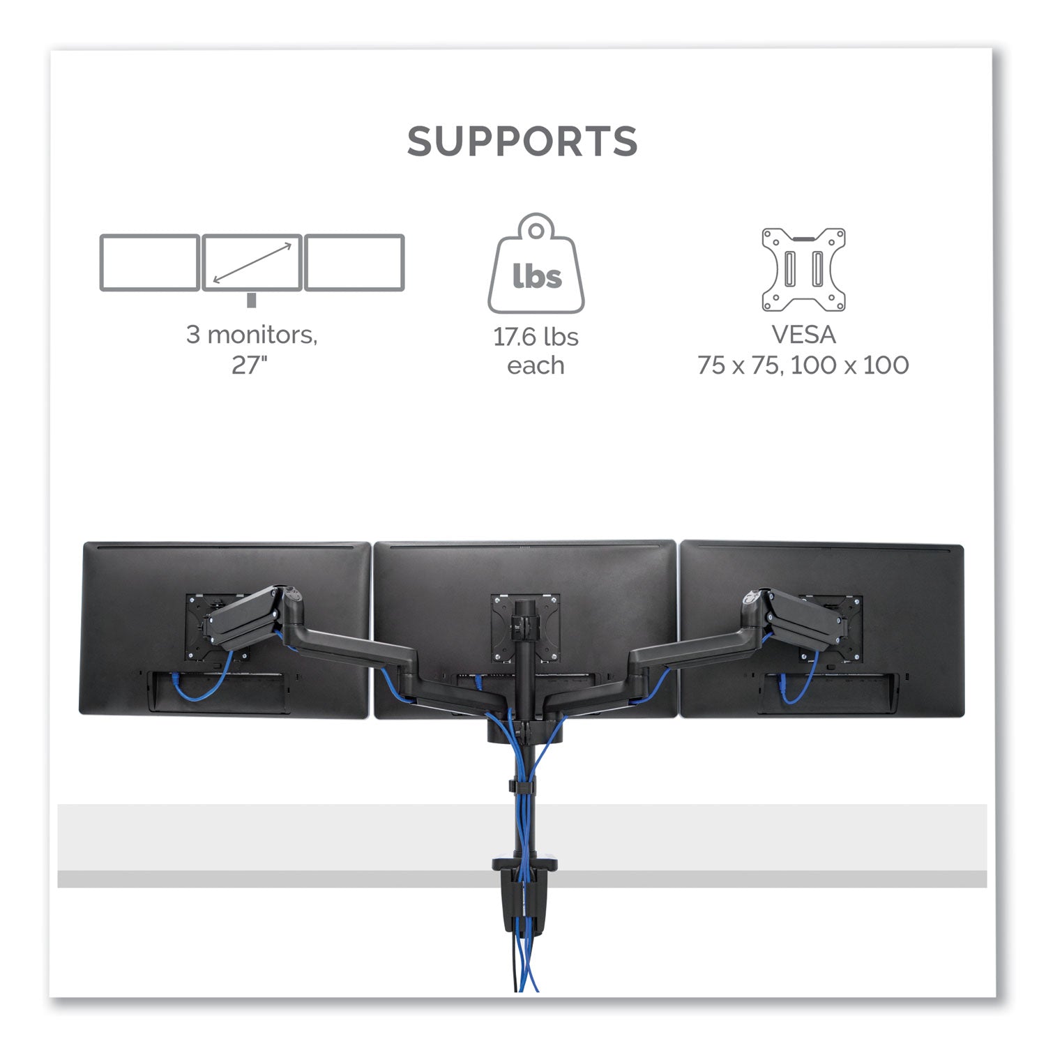 Fellowes Platinum Series Triple Monitor Arm for 27" Monitors, 360 deg Rotation, +85/-20 deg Tilt, 360 deg Pan, Black, Supports 20 lb