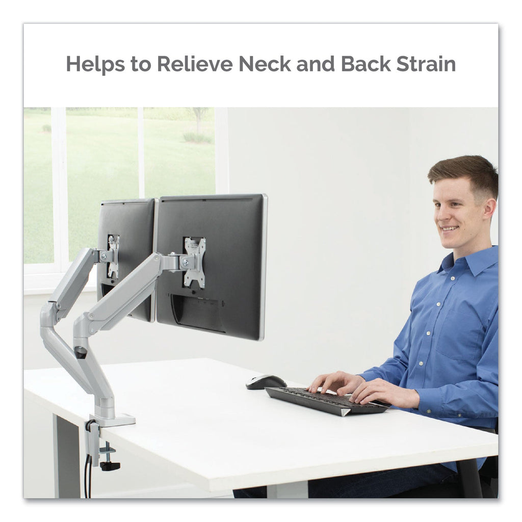 Fellowes Platinum Series Dual Monitor Arm, For 27" Monitors, 360 deg Rotation, 45 deg Tilt, 180 deg Pan, Silver, Supports 20 lb