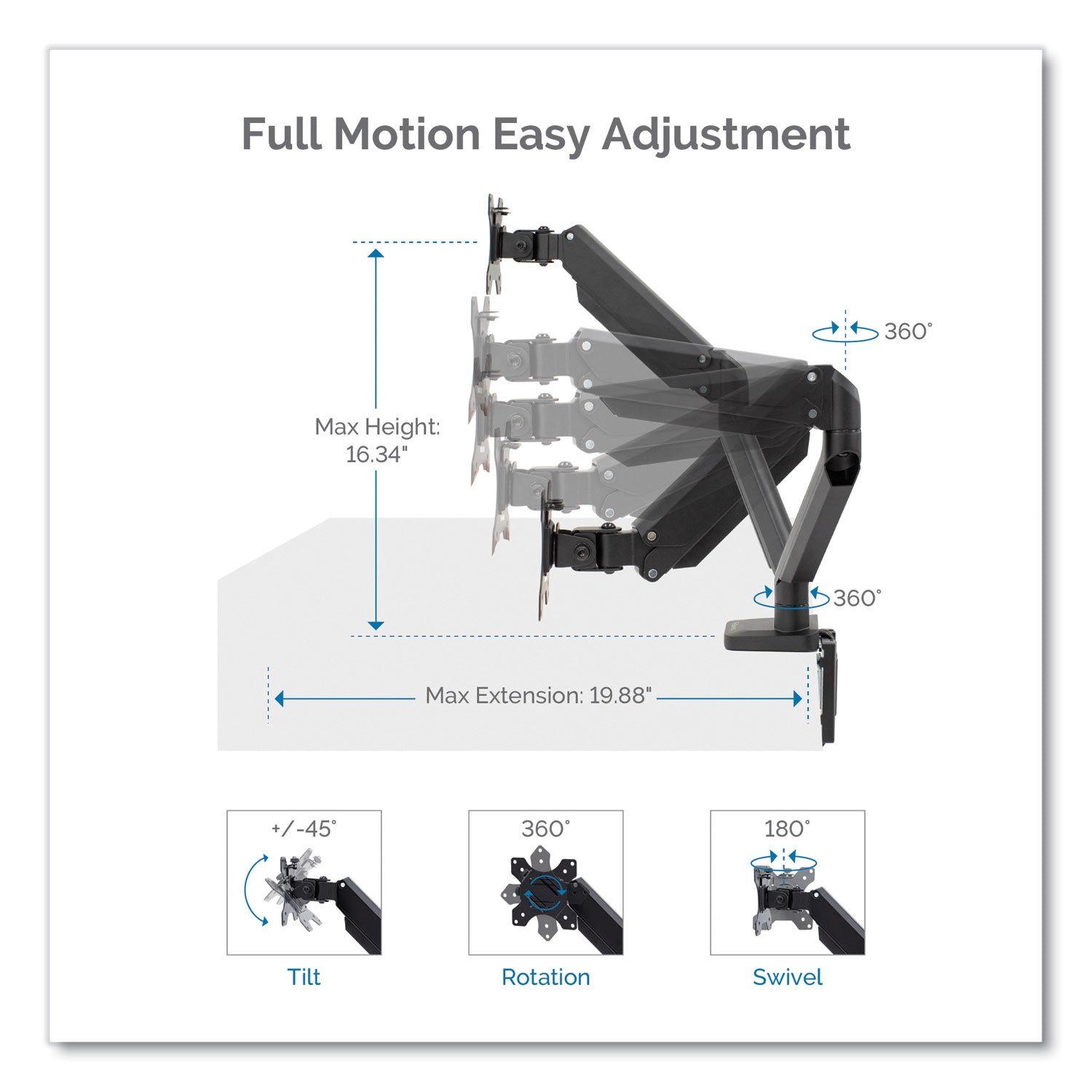 Fellowes Platinum Series Dual Monitor Arm for 27" Monitors, 360 deg Rotation, +85 deg/-20 deg Tilt, 360 deg Pan, Black, Supports 20 lb