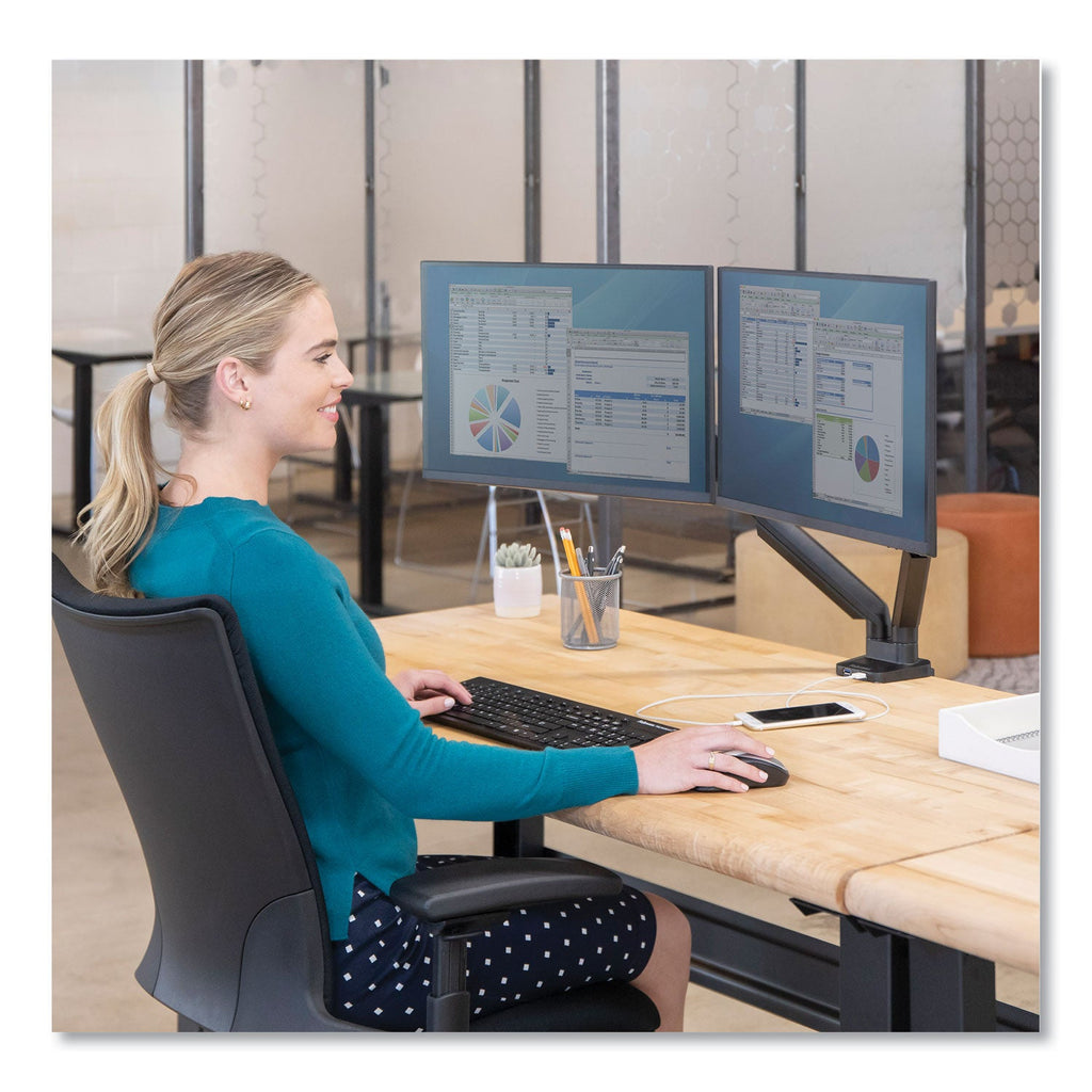 Fellowes Platinum Series Dual Monitor Arm for 27" Monitors, 360 deg Rotation, +85 deg/-20 deg Tilt, 360 deg Pan, Black, Supports 20 lb