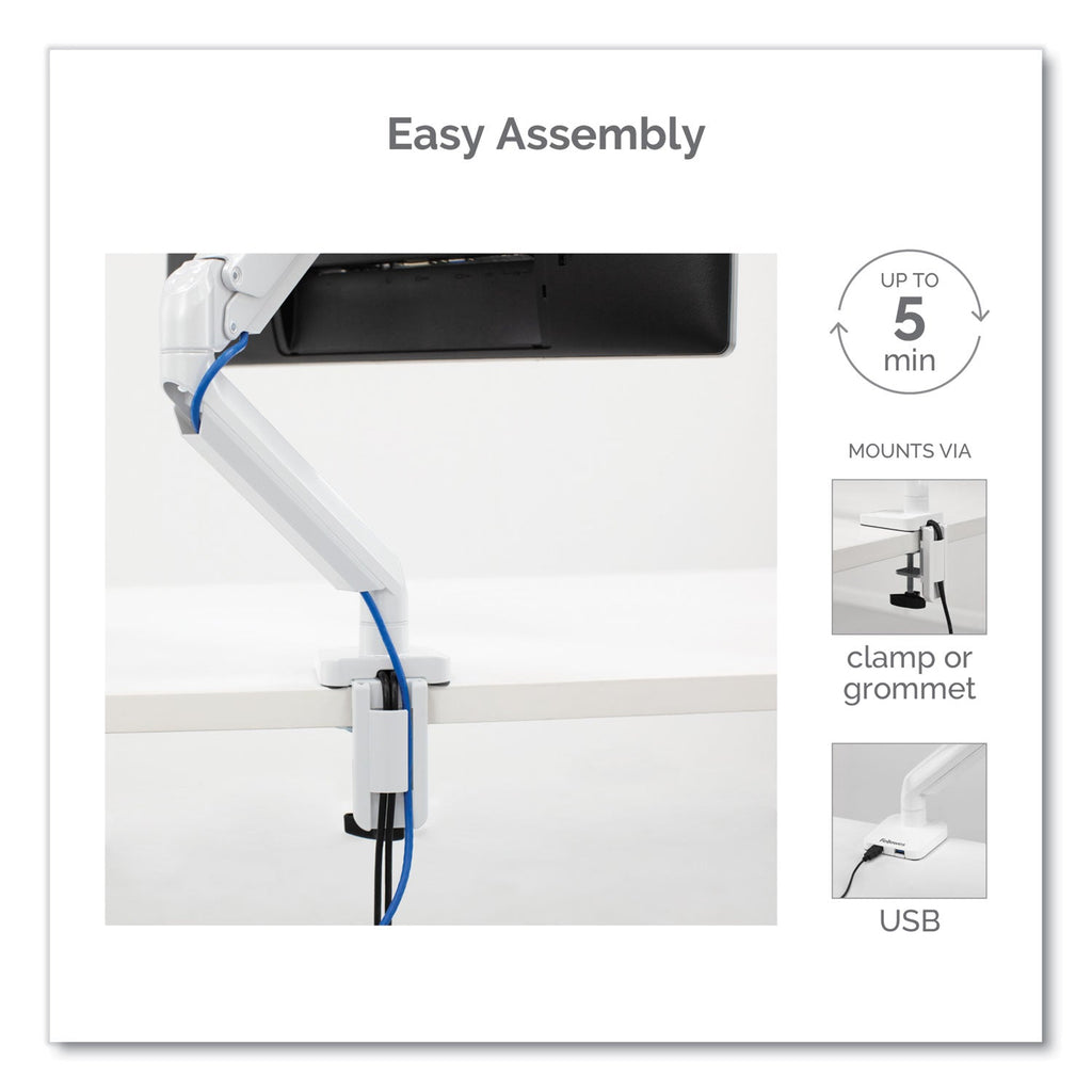 Fellowes Platinum Series Single Monitor Arm, For 27" Monitors, 360 deg Rotation, 45 deg Tilt, 180 deg Pan, White, Supports 20 lb