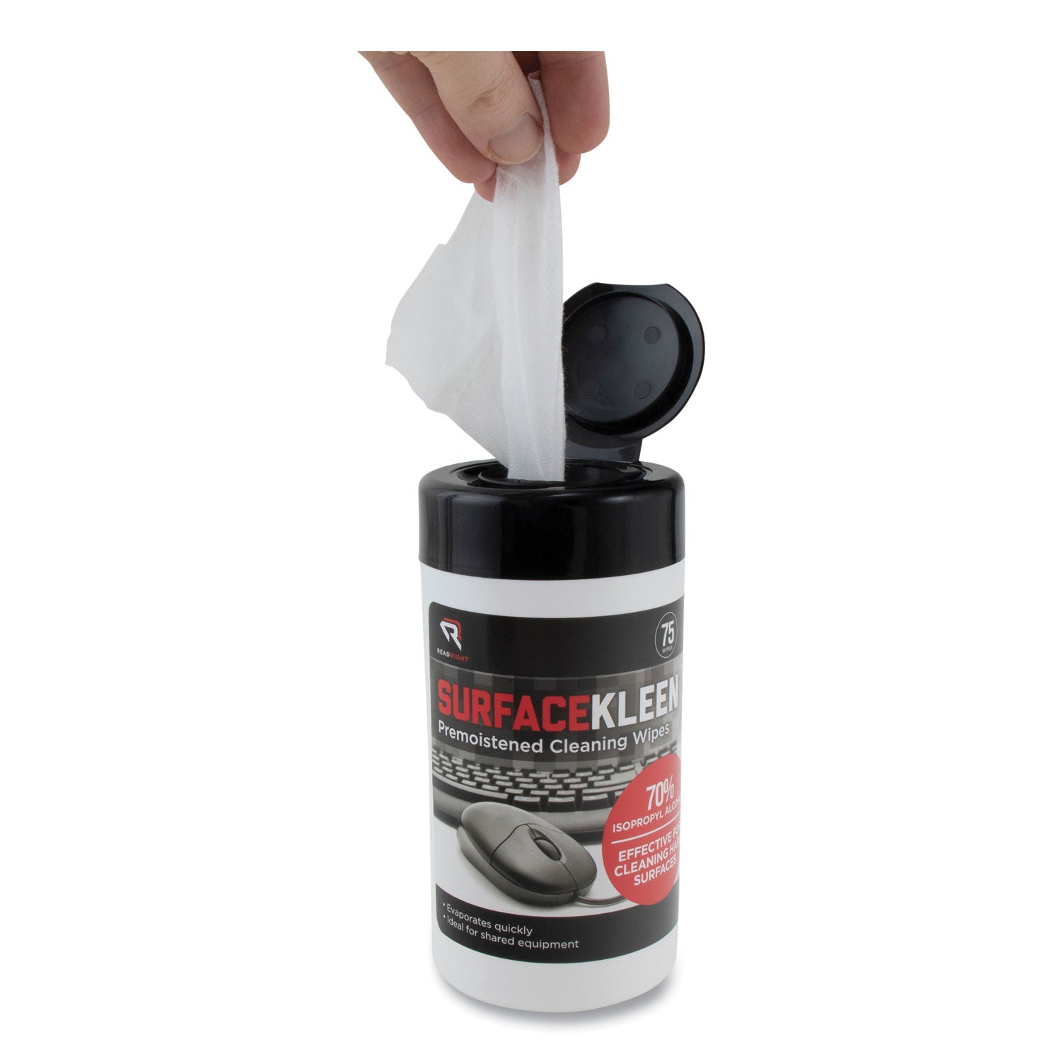 Read Right SurfaceKleen Premoistened Alcohol Cleaning Wipes, 6.38 x 5.4, Tub, 75/Pack