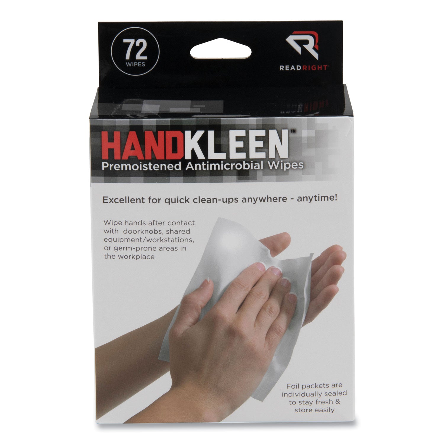 Read Right HandKleen Premoistened Antibacterial Wipes, 7 x 5, Foil Packet, 72/Box