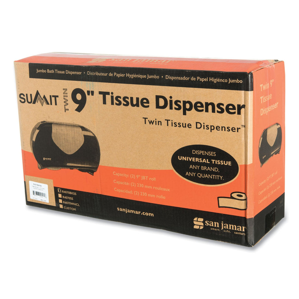 San Jamar Twin 9" Jumbo Bath Tissue Dispenser, Summit, 20.07 x 5.88 x 11.9, Black/Faux Stainless Steel