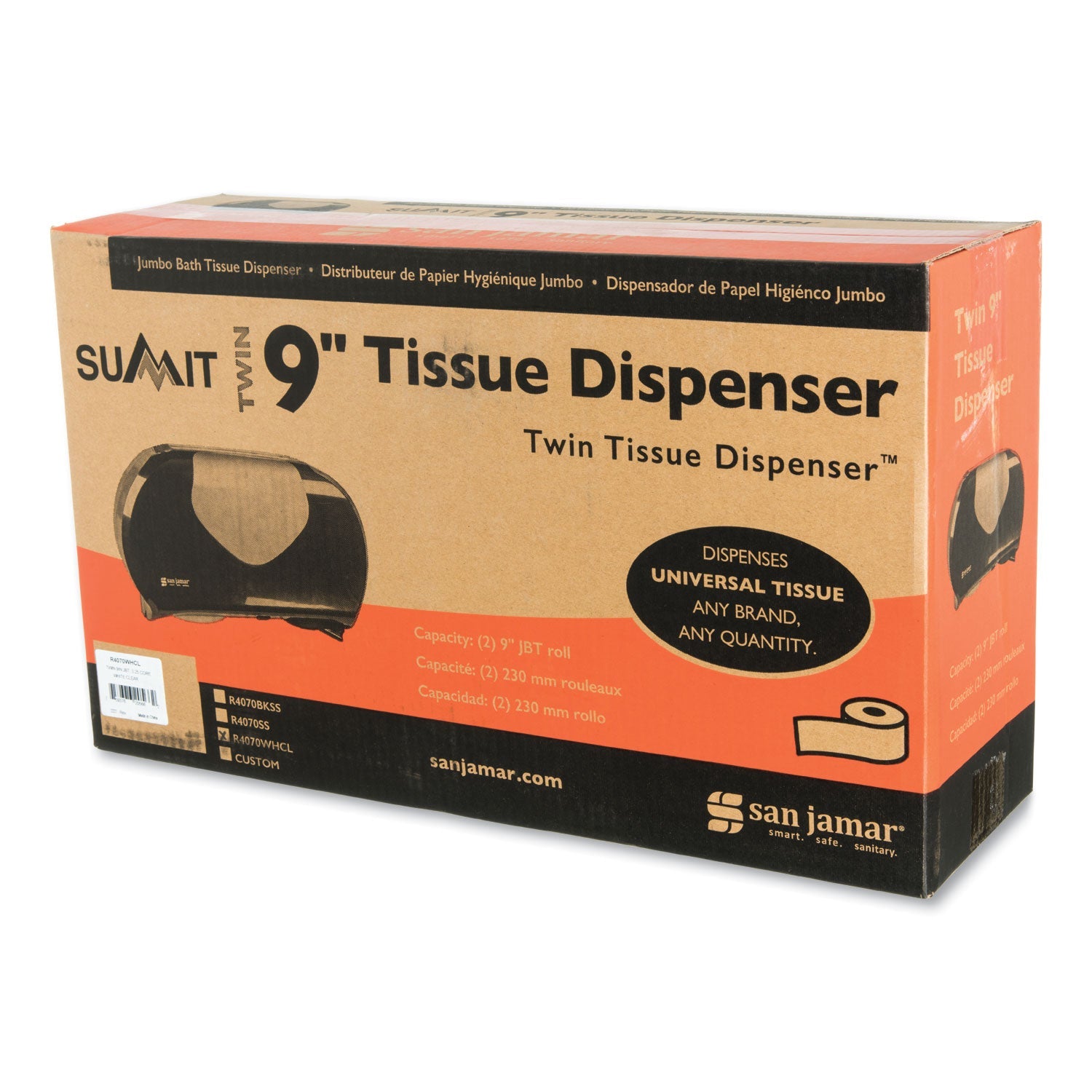 San Jamar Twin 9" Jumbo Bath Tissue Dispenser, Summit, 19.25 x 6 x 12.25, White/Clear