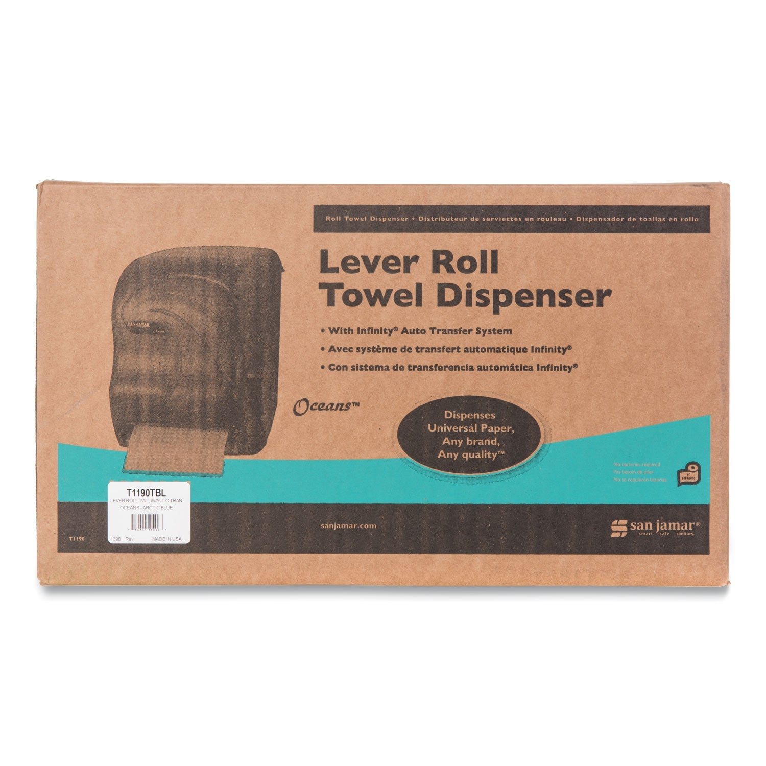 San Jamar Lever Roll Towel Dispenser, Oceans, 12.94 x 9.25 x 16.5, Arctic Blue