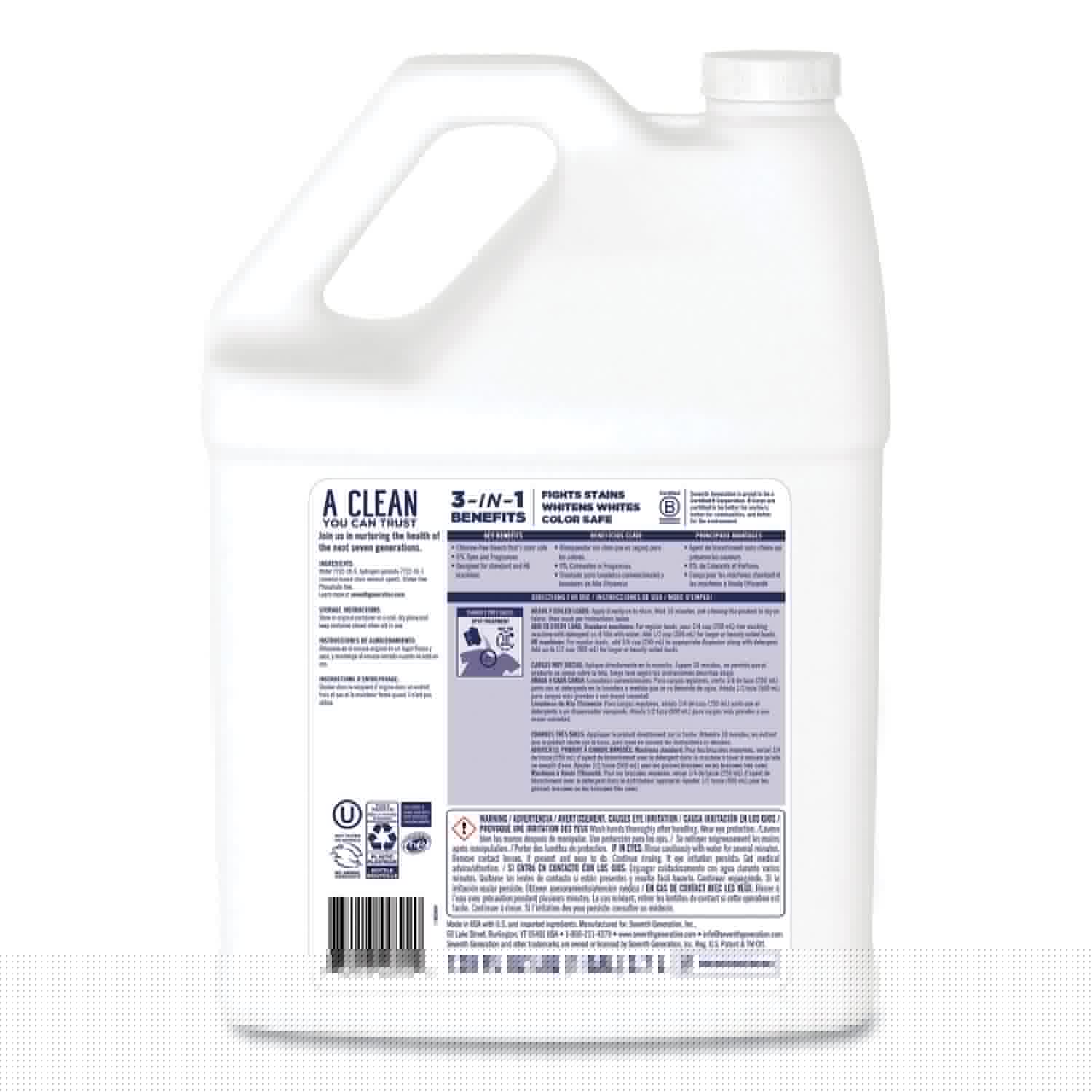 Seventh Generation Non Chlorine Bleach, Free and Clear, 1 gal Bottle, 2/Carton