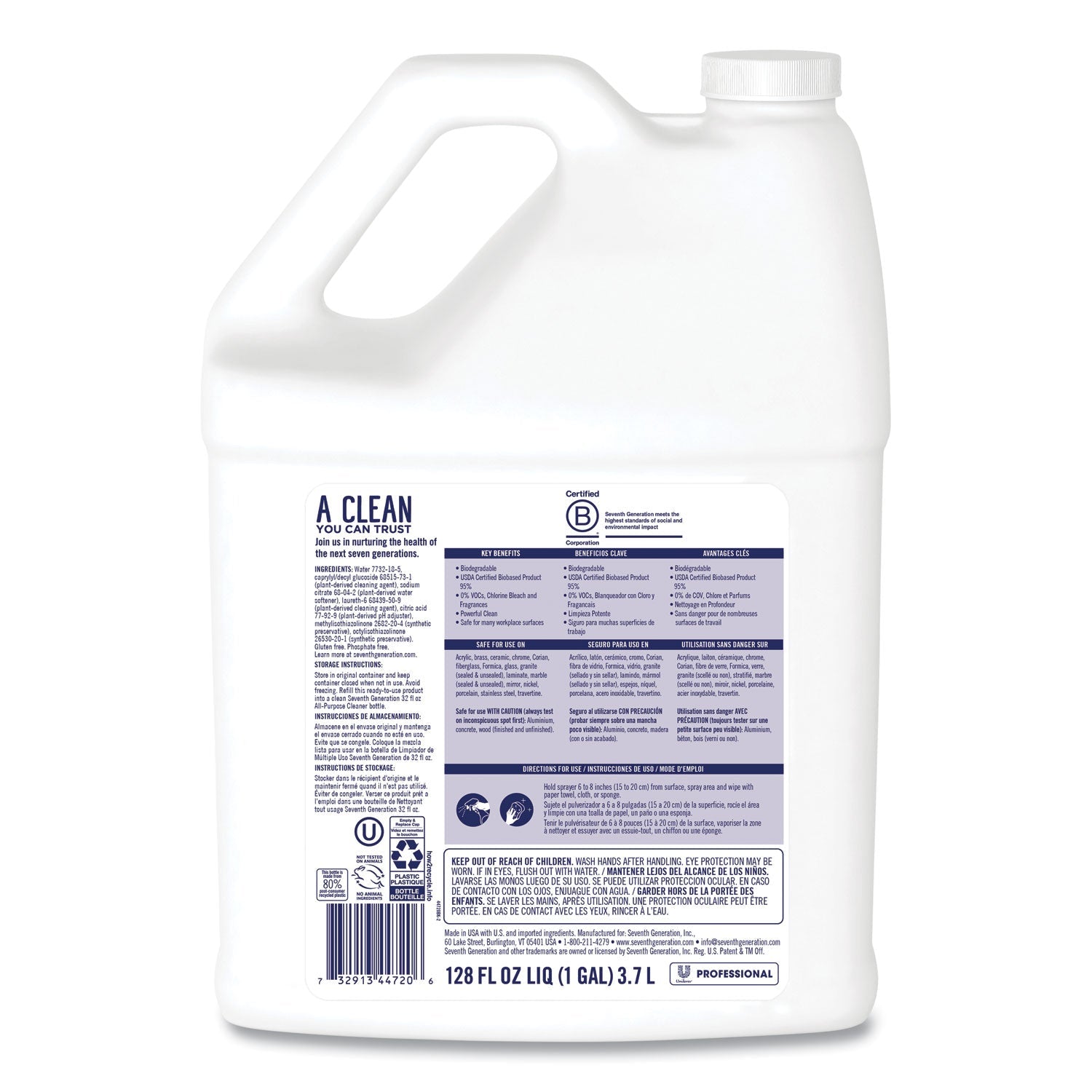 Seventh Generation All-Purpose Cleaner, Free and Clear, 1 gal Bottle