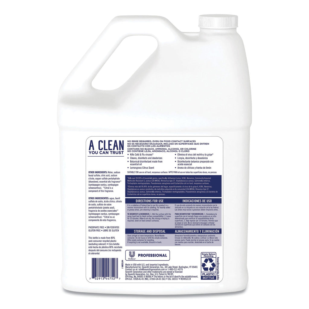 Seventh Generation Disinfecting Bathroom Cleaner, Lemongrass Citrus, 1 gal Bottle, 2/Carton