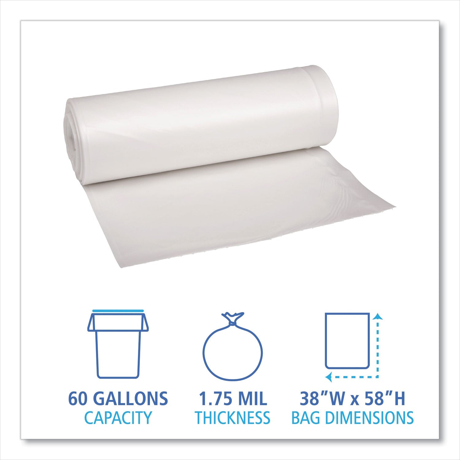 Boardwalk Low Density Repro Can Liners, 60 gal, 1.75 mil, 38" x 58", Clear, 10 Bags/Roll, 10 Rolls/Carton