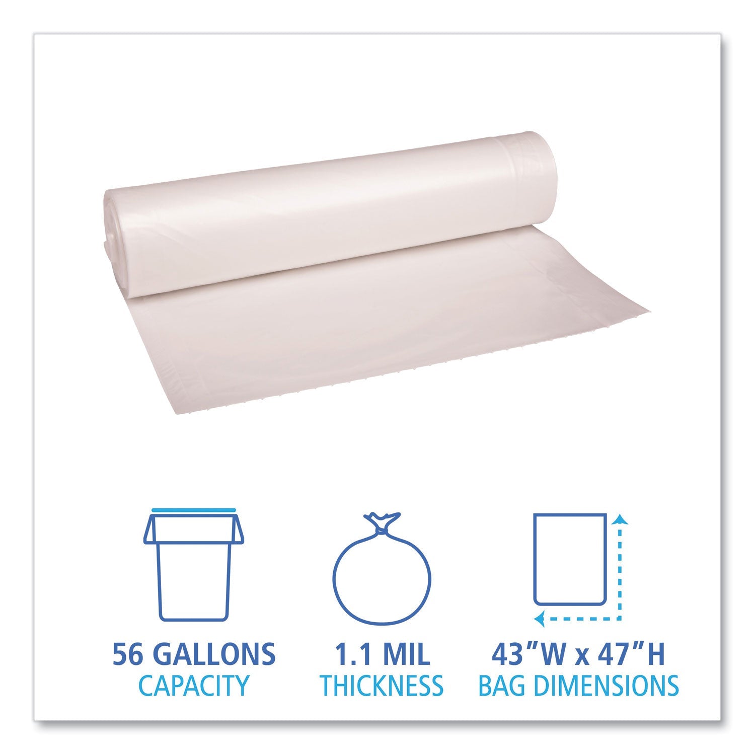 Boardwalk Low Density Repro Can Liners, 56 gal, 1.1 mil, 43" x 47", Clear, 10 Bags/Roll, 10 Rolls/Carton