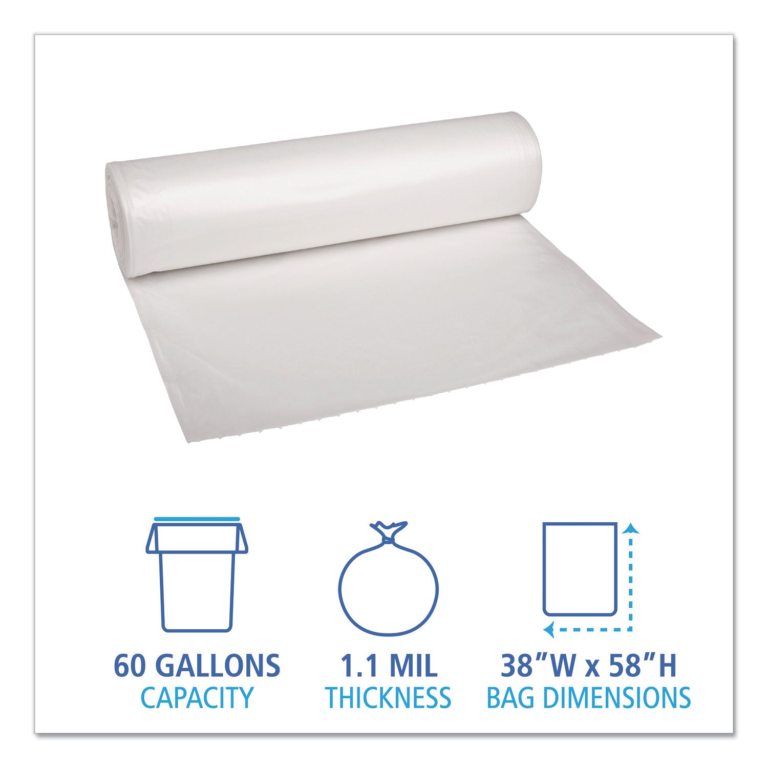 Boardwalk Low Density Repro Can Liners, 60 gal, 1.1 mil, 38" x 58", Clear, 10 Bags/Roll, 10 Rolls/Carton