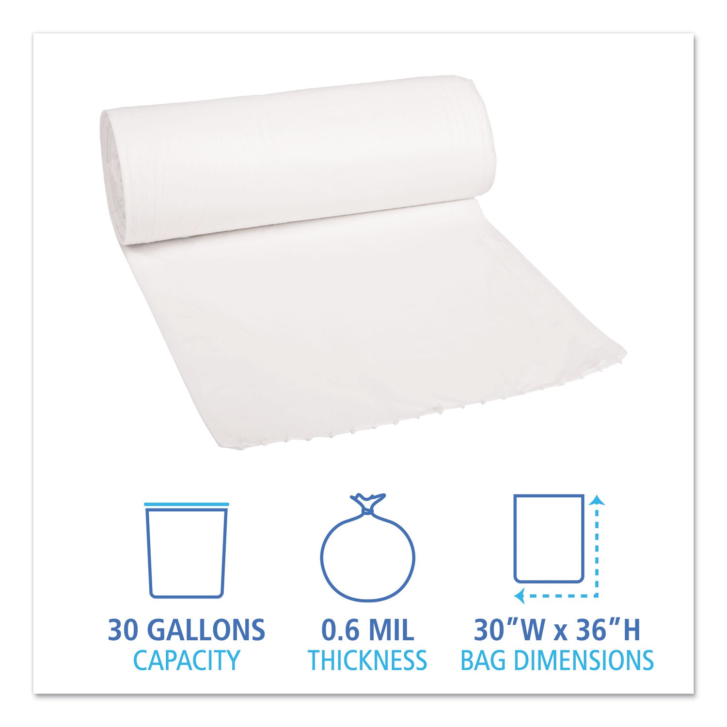 Boardwalk Low-Density Waste Can Liners, 30 gal, 0.6 mil, 30" x 36", White, 200/Carton