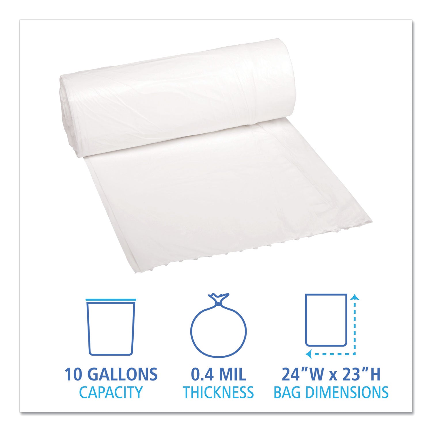 Boardwalk Low-Density Waste Can Liners, 10 gal, 0.4 mil, 24" x 23", White, 500/Carton