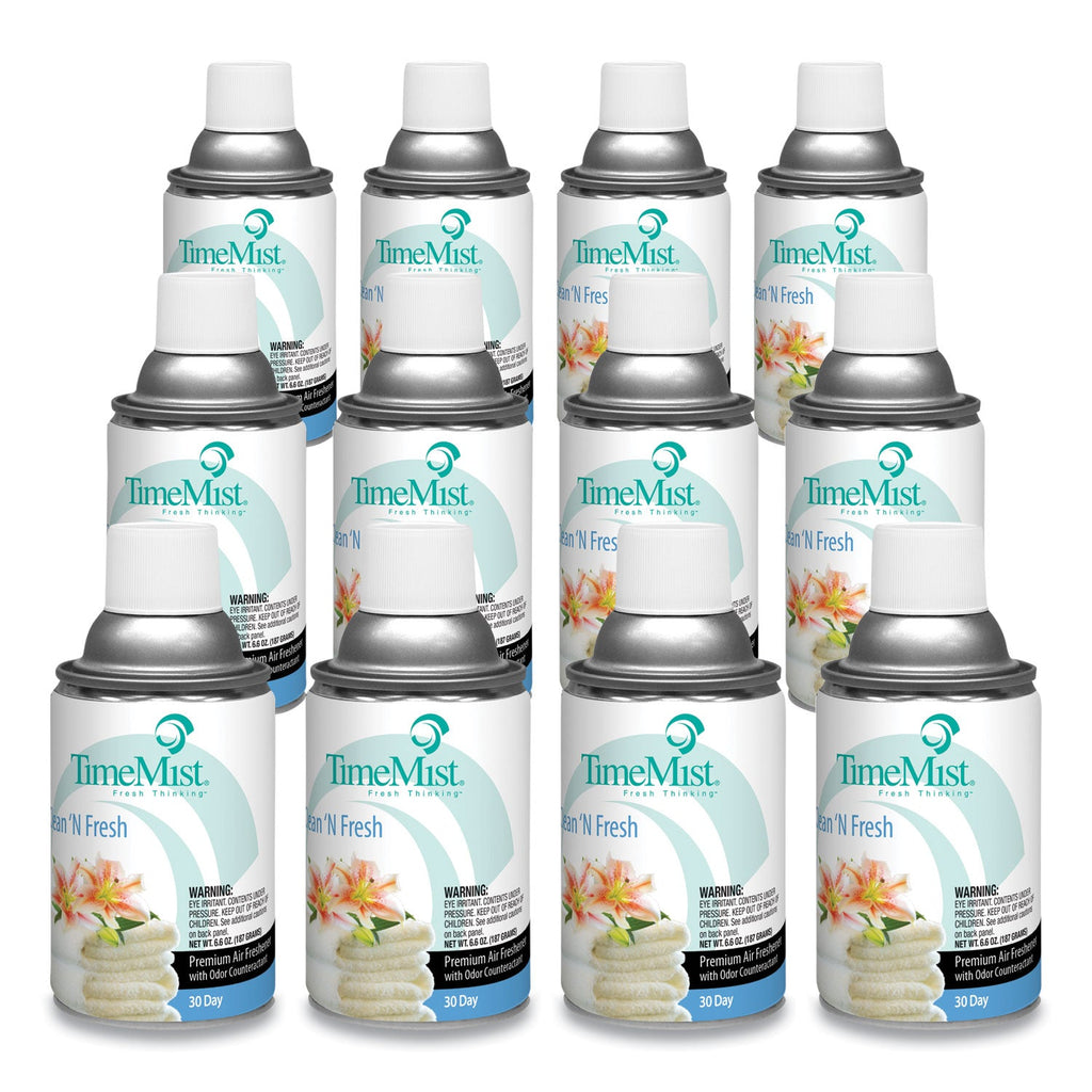 TimeMist Premium Metered Air Freshener Refill, Clean N Fresh, 6.6 oz Aerosol Spray, 12/Carton