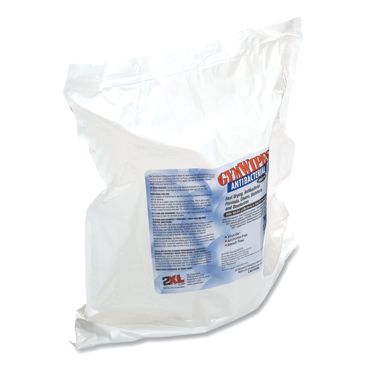 2XL Antibacterial Gym Wipes Refill, 6 x 8, 700 Wipes/Pack, 4 Packs/Carton
