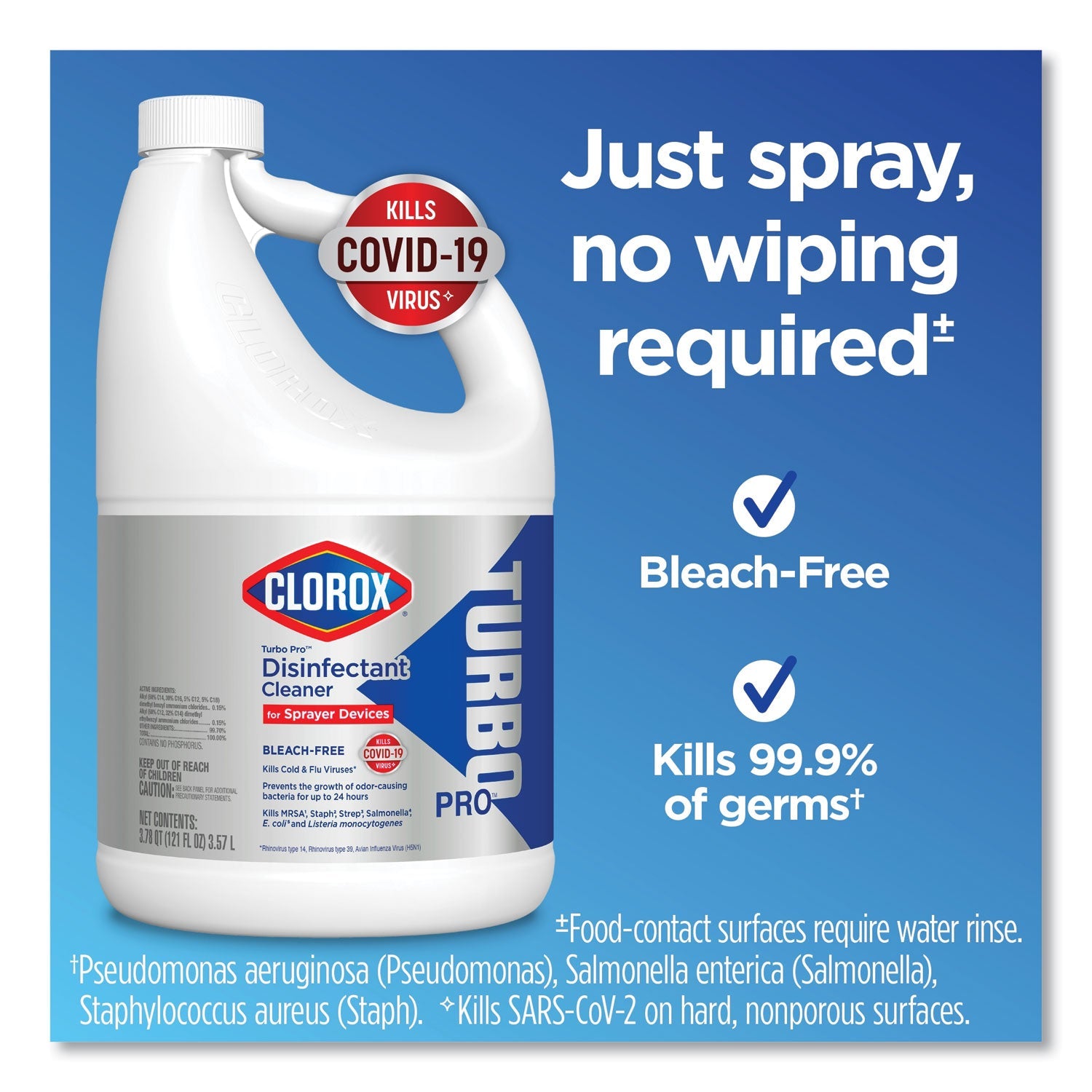 Clorox Turbo Pro Disinfectant Cleaner for Sprayer Devices, 121 oz Bottle, 3/Carton