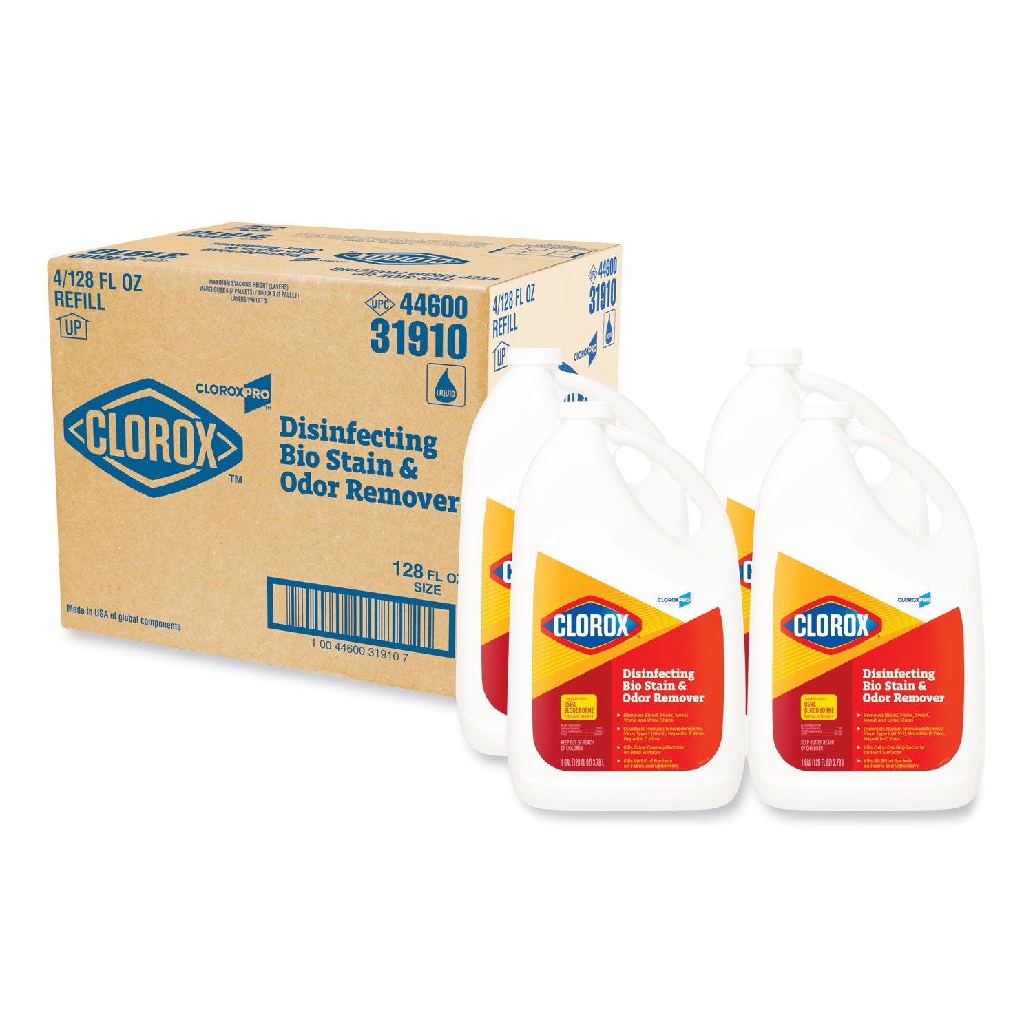 Clorox Disinfecting Bio Stain and Odor Remover, Fragranced, 128 oz Refill Bottle, 4/CT