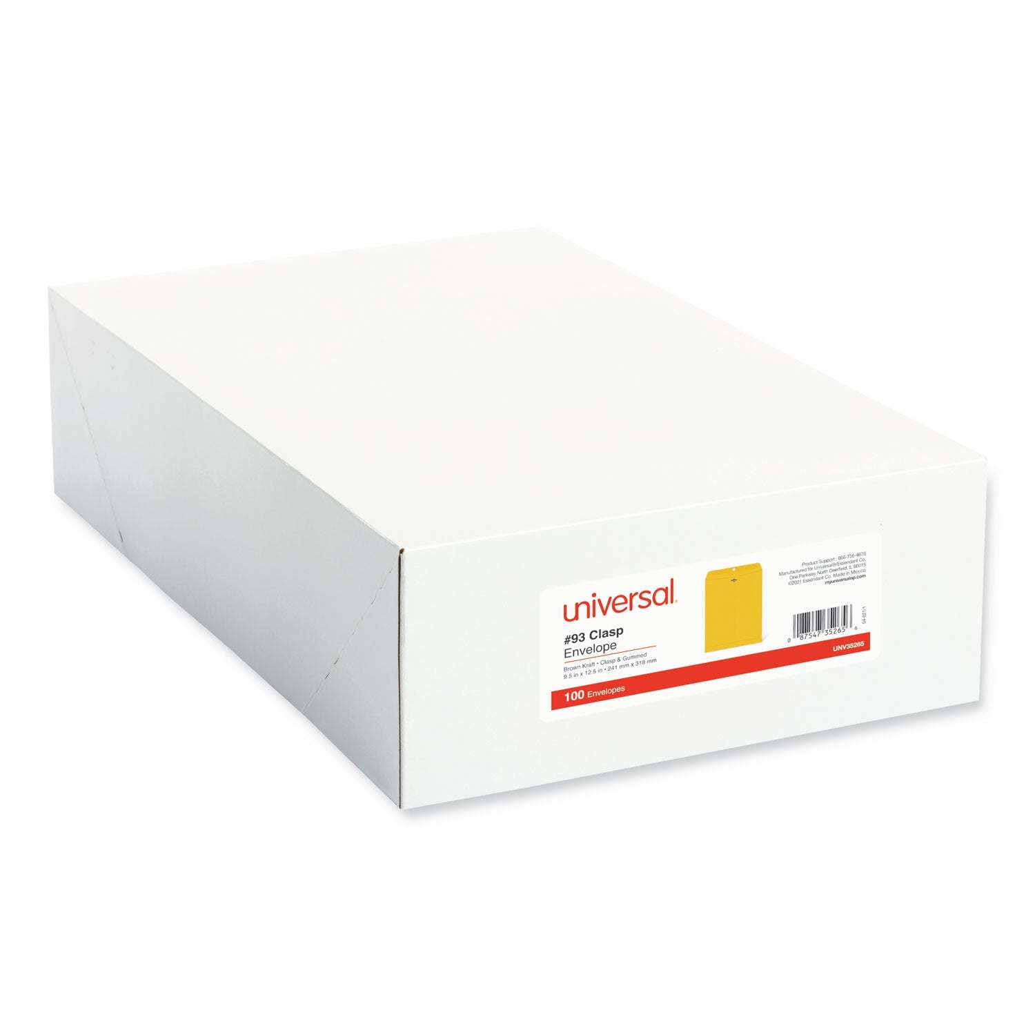 Universal Kraft Clasp Envelope, #93, Square Flap, Clasp/Gummed Closure, 9.5 x 12.5, Brown Kraft, 100/Box
