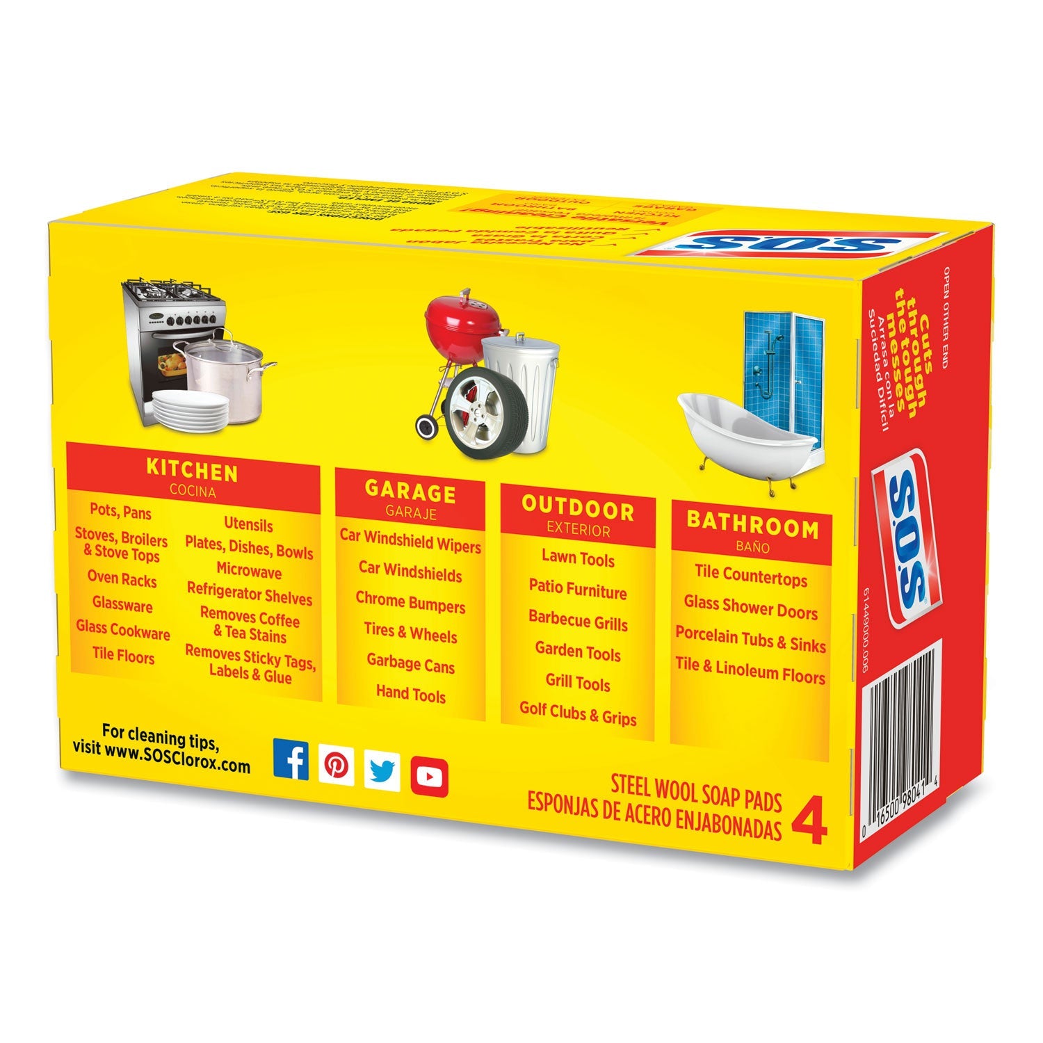S.O.S. Steel Wool Soap Pad, Steel, 4/Box, 24 Boxes/Carton