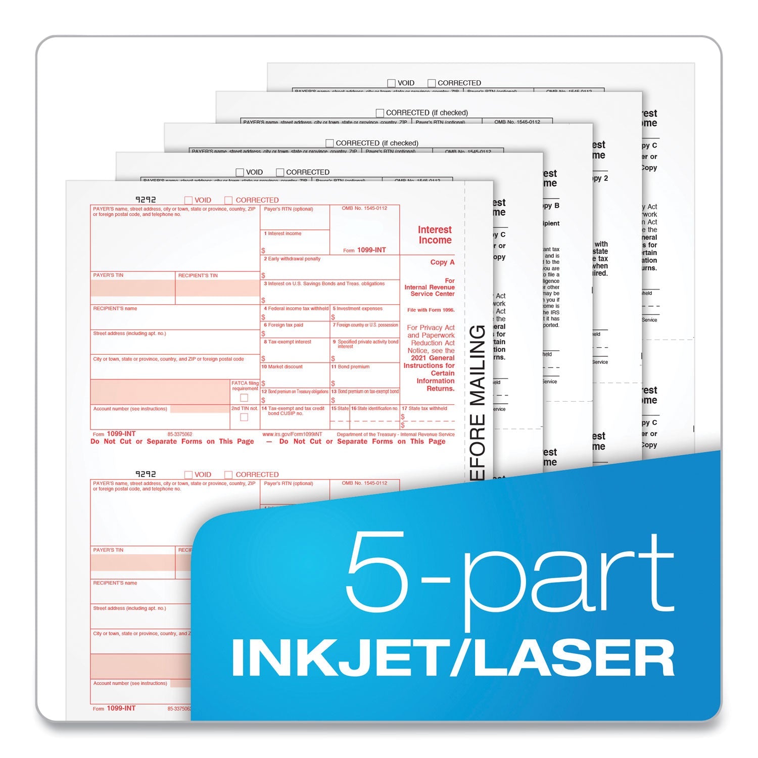 TOPS 1099-INT Tax Forms, Five-Part Carbonless, 5.5 x 8, 2/Page, 24 Forms