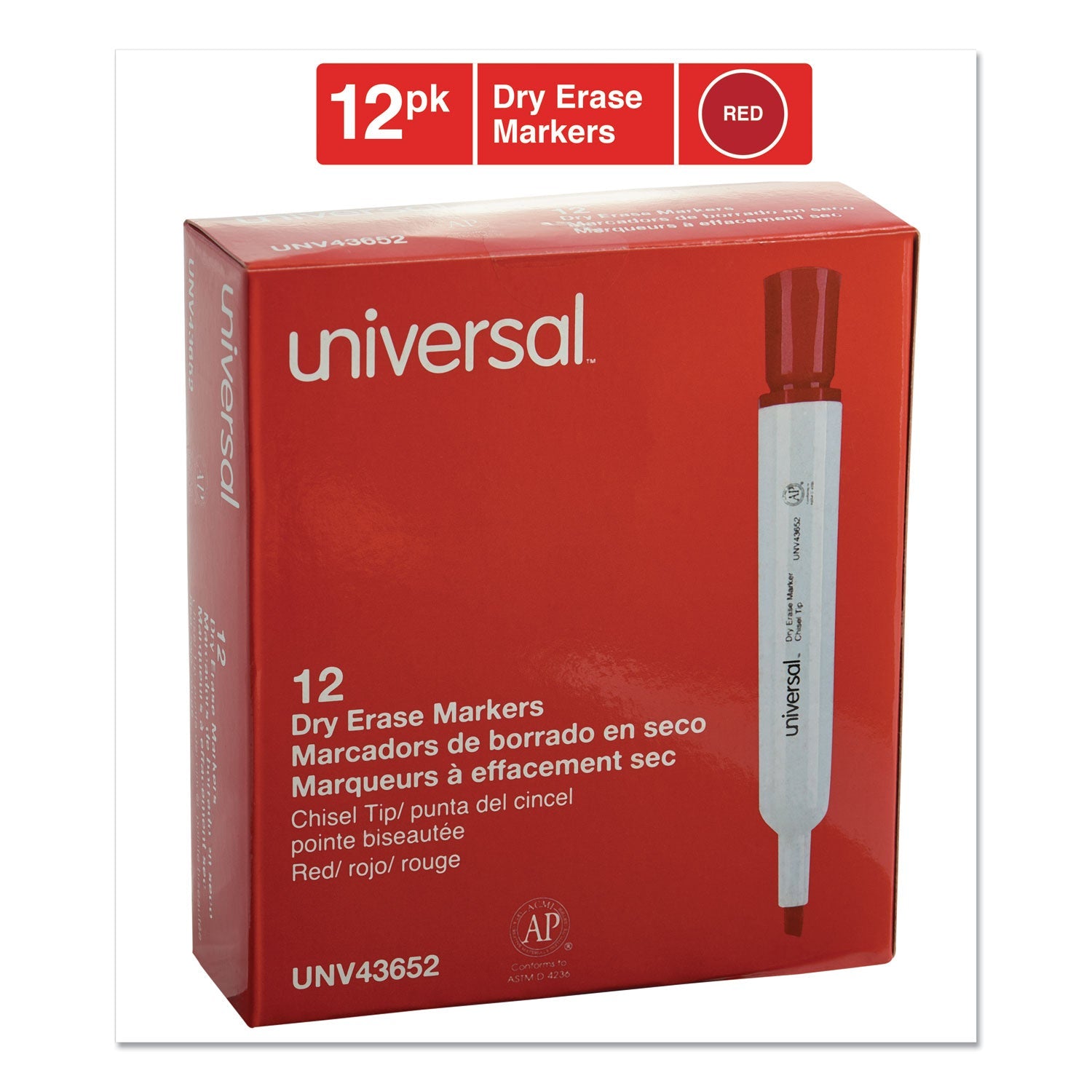 Universal Dry Erase Marker, Broad Chisel Tip, Red, Dozen