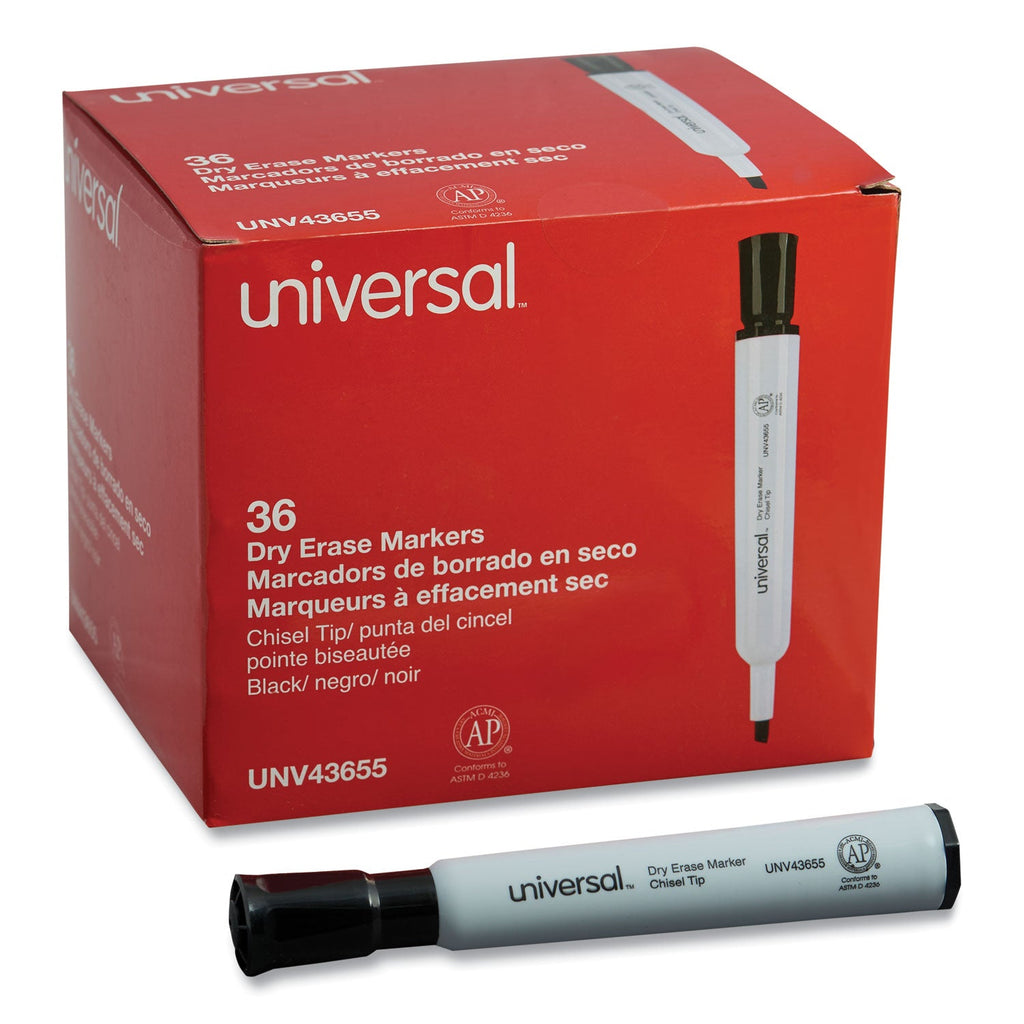Universal Dry Erase Marker Value Pack, Broad Chisel Tip, Black, 36/Pack