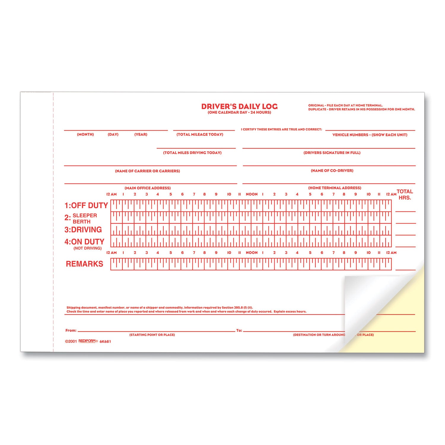 Rediform Driver's Daily Log, Two-Part Carbonless, 7.88 x 5.5, 1/Page, 31 Forms
