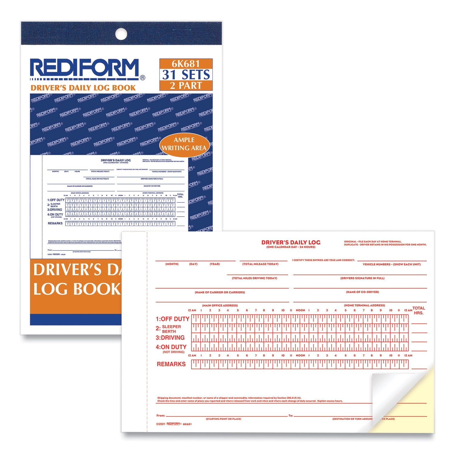 Rediform Driver's Daily Log, Two-Part Carbonless, 7.88 x 5.5, 1/Page, 31 Forms