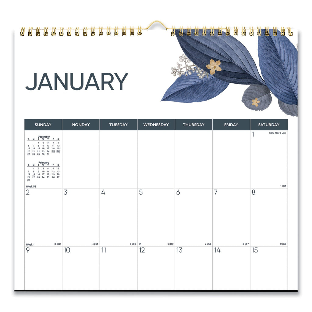 Blueline 12-Month Colorful Wall Calendar, Watercolor Gold Detail Floral Artwork, 12 x 17, White Sheets, 12-Month (Jan to Dec): 2023