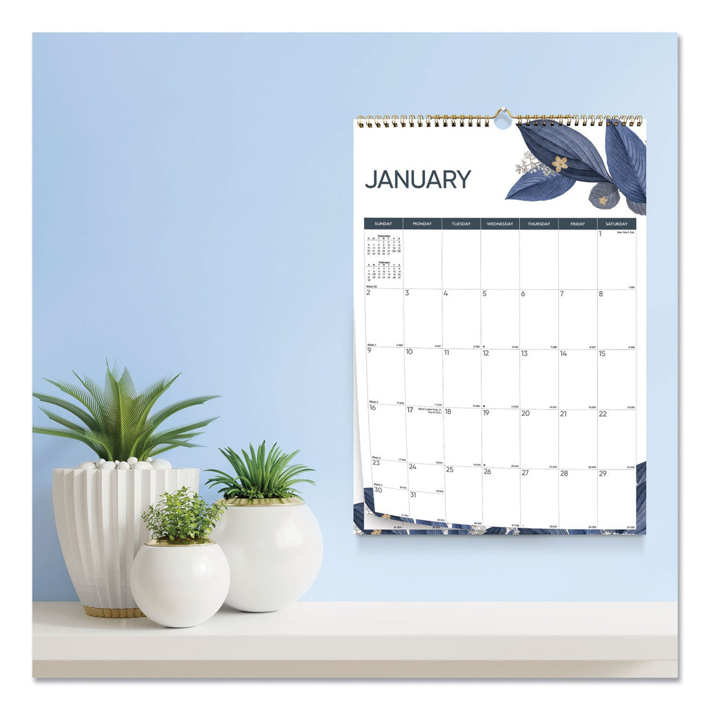 Blueline 12-Month Colorful Wall Calendar, Watercolor Gold Detail Floral Artwork, 12 x 17, White Sheets, 12-Month (Jan to Dec): 2023