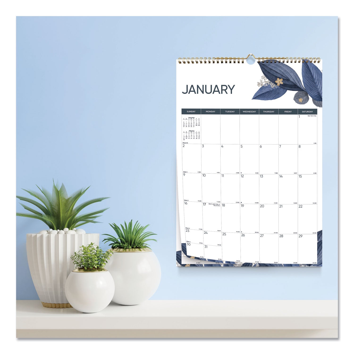 Blueline 12-Month Colorful Wall Calendar, Watercolor Gold Detail Floral Artwork, 12 x 17, White Sheets, 12-Month (Jan to Dec): 2023