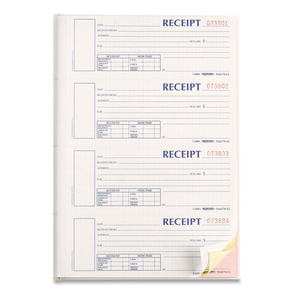 Rediform Hardcover Numbered Money Receipt Book, Three-Part Carbonless, 6.78 x 2.75, 4/Page, 200 Forms