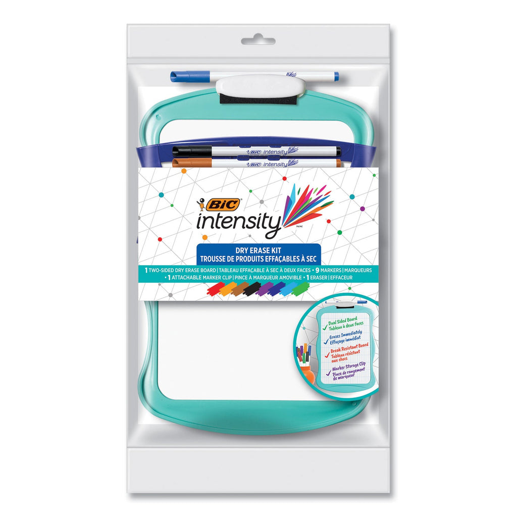 BIC Intensity Dry Erase Board/Markers Kit, 9 Markers/Dual-Sided Dry Erase Board, 7.8 x 11.8, White Surface, Plastic Blue Frame
