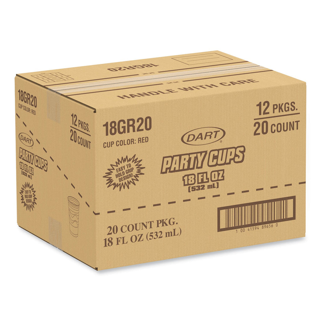 Dart Solo Party Plastic Cold Drink Cups, Slip-Resistant Grip, 18 oz, Red, 20/Bag, 12 Bags/Carton