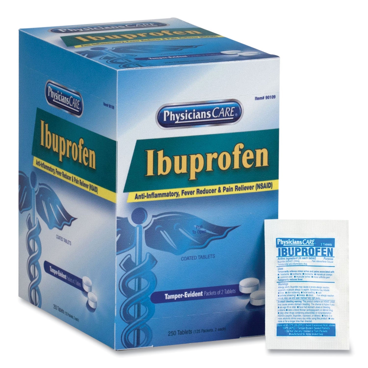 PhysiciansCare Ibuprofen Pain Reliever, Two-Pack, 125 Packs/Box