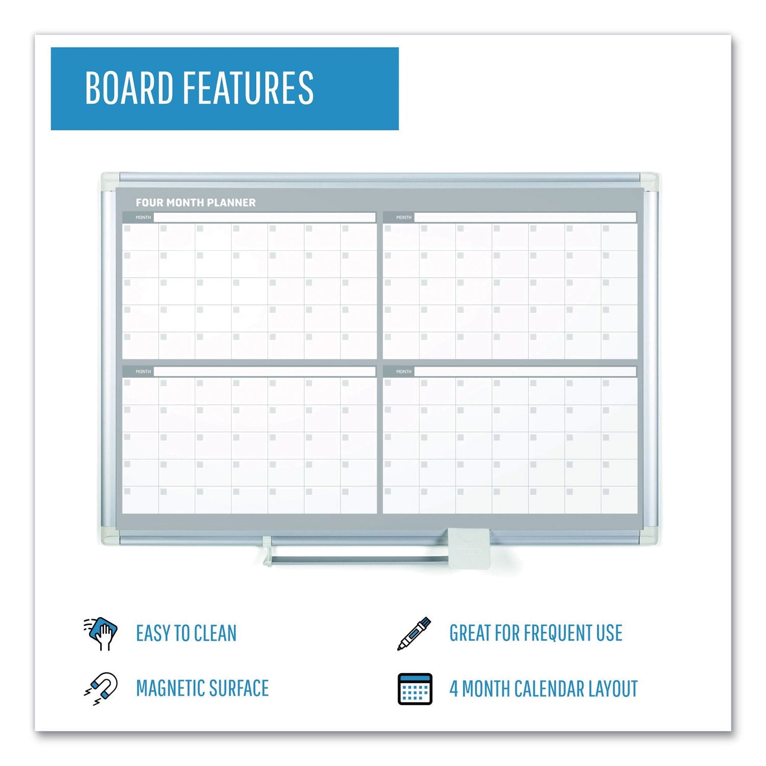 MasterVision 4 Month Planner, 48x36, White/Silver