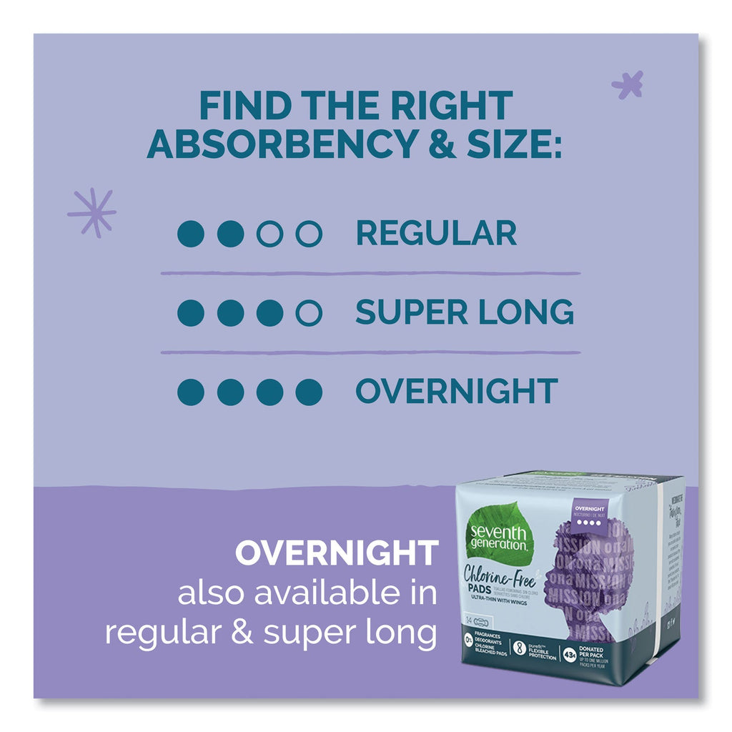Seventh Generation Chlorine-Free Ultra Thin Pads with Wings, Overnight, 14/Pack, 6 Packs/Carton