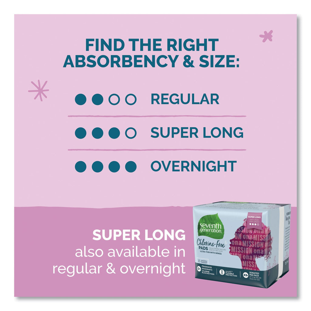 Seventh Generation Chlorine-Free Ultra Thin Pads with Wings, Super Long, 16/Pack, 6 Packs/Carton