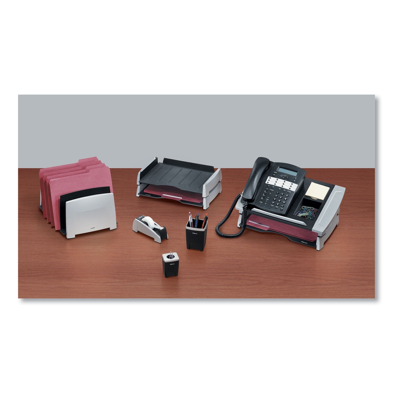 Fellowes Office Suites Desktop Tape Dispenser, Heavy Base, 1" Core, Plastic, Black/Silver