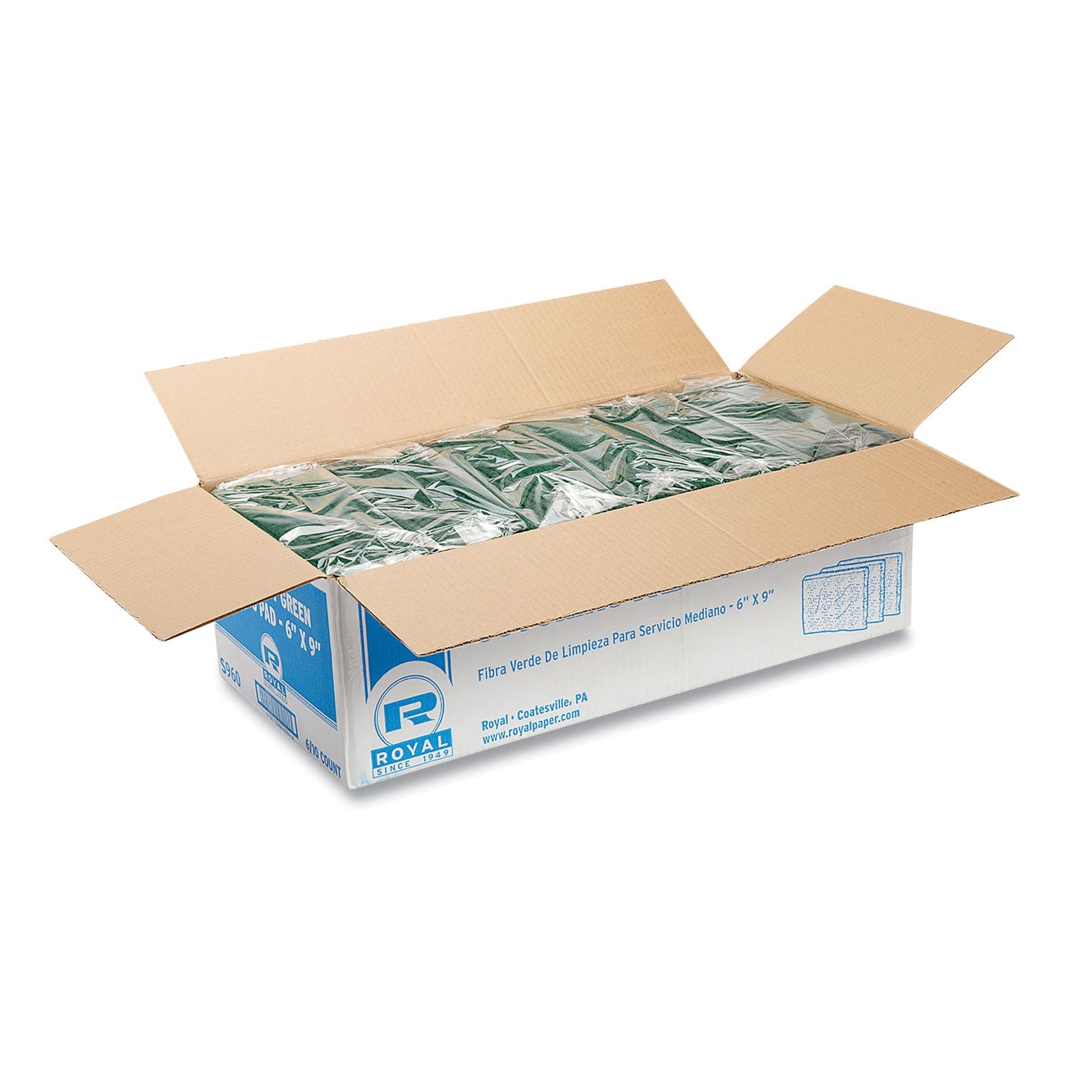 AmerCareRoyal Medium-Duty Scouring Pad, 6 x 9, Green, 10 Pads/Pack, 6 Packs/Carton