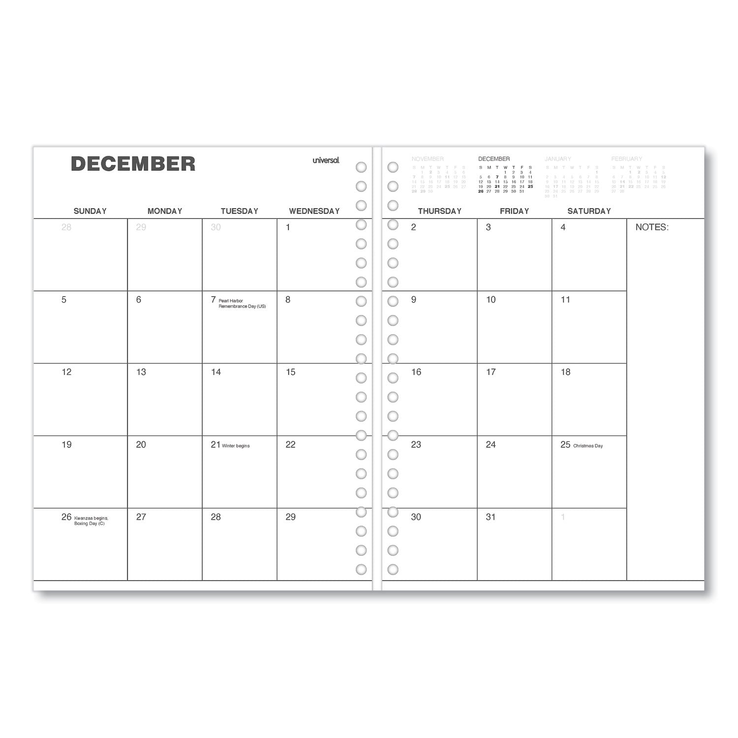 Universal Weekly Planner, 11 x 8, Black Cover, 14-Month, Dec 2022 through Jan 2024