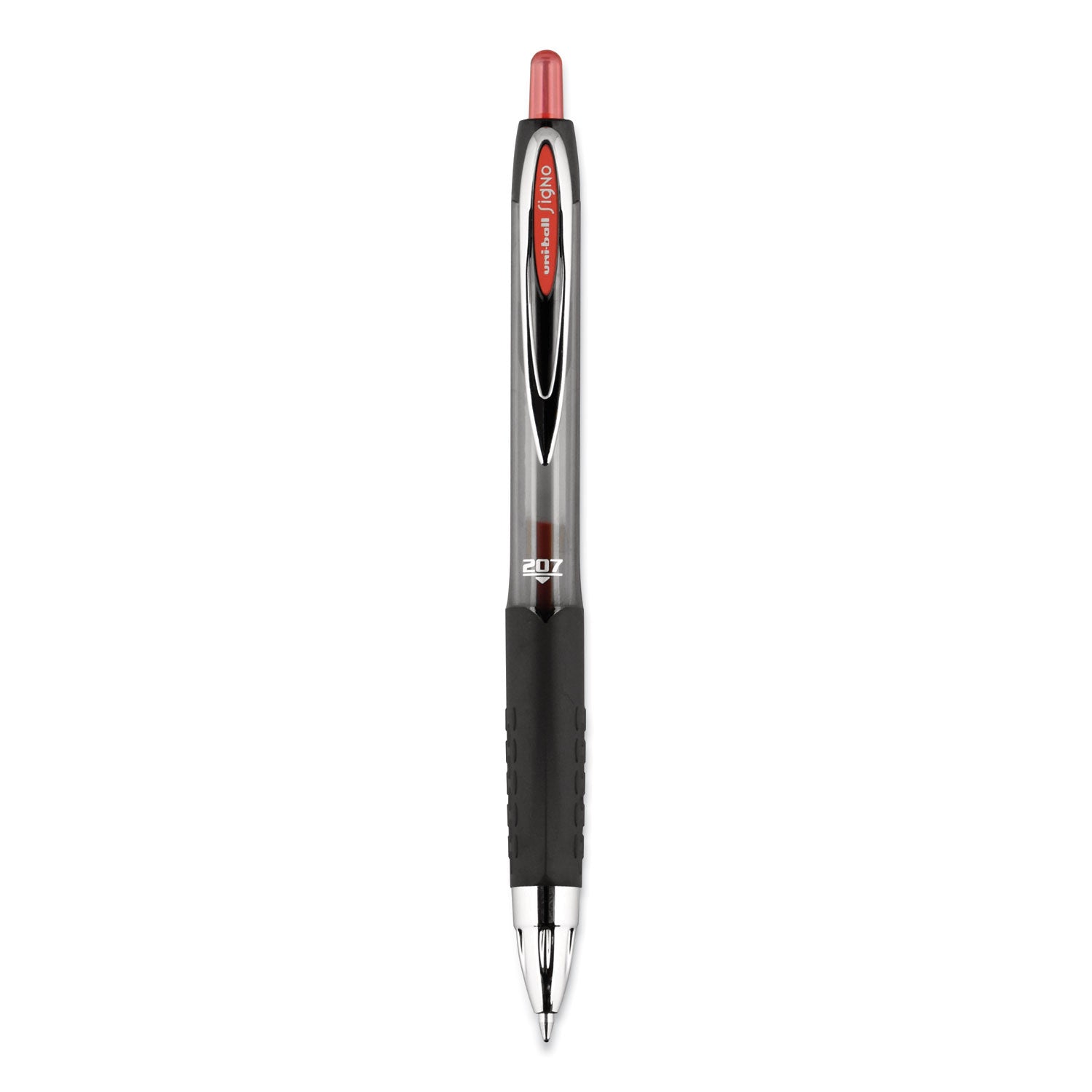uniball Signo 207 Gel Pen, Retractable, Medium 0.7 mm, Red Ink, Smoke/Black/Red Barrel, Dozen
