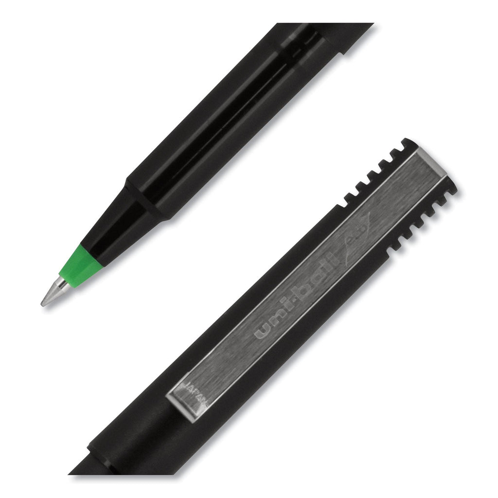 uniball Roller Ball Pen, Stick, Micro 0.5 mm, Green Ink, Black Matte Barrel, Dozen
