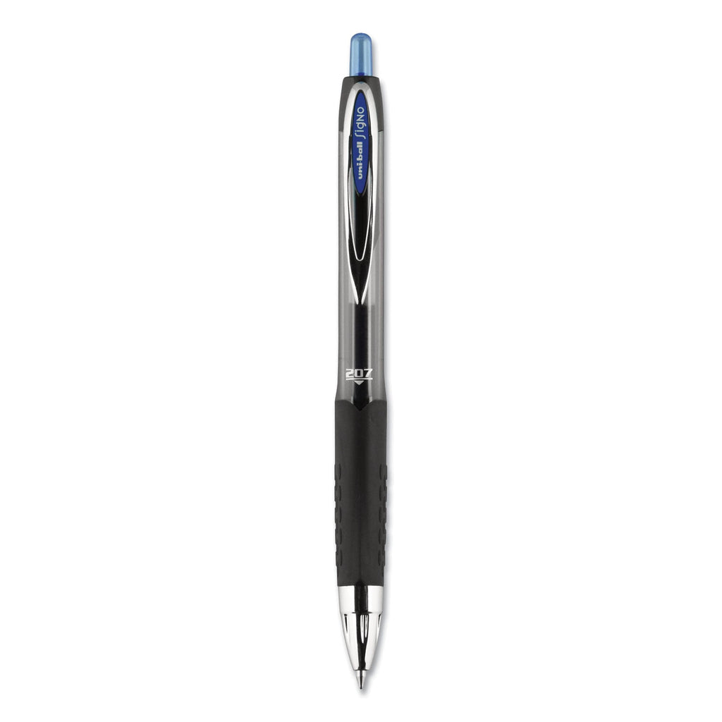 uniball Signo 207 Gel Pen, Retractable, Medium 0.7 mm, Blue Ink, Smoke/Black/Blue Barrel, Dozen