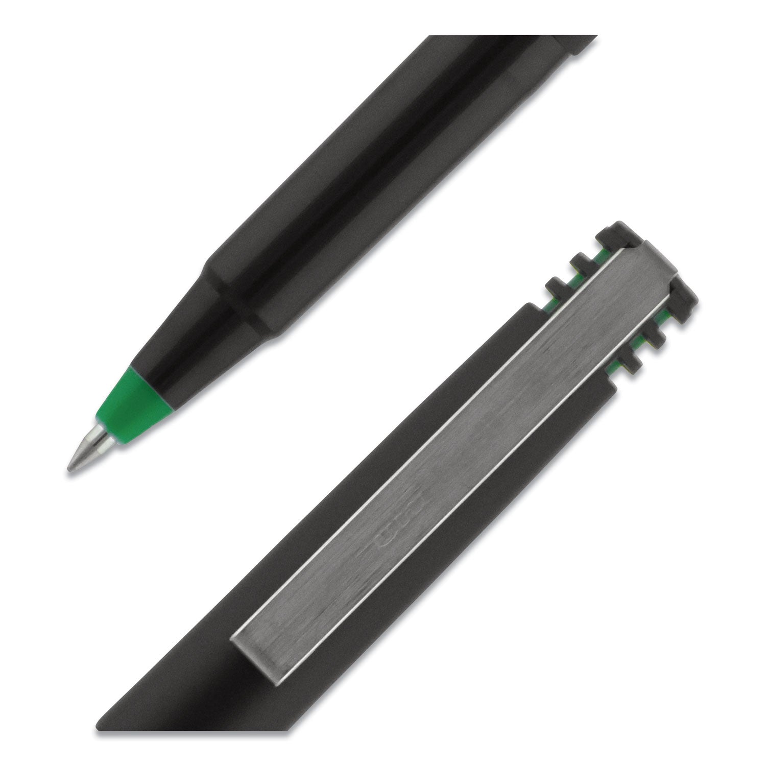 uniball Roller Ball Pen, Stick, Fine 0.7 mm, Green Ink, Black Matte Barrel, Dozen
