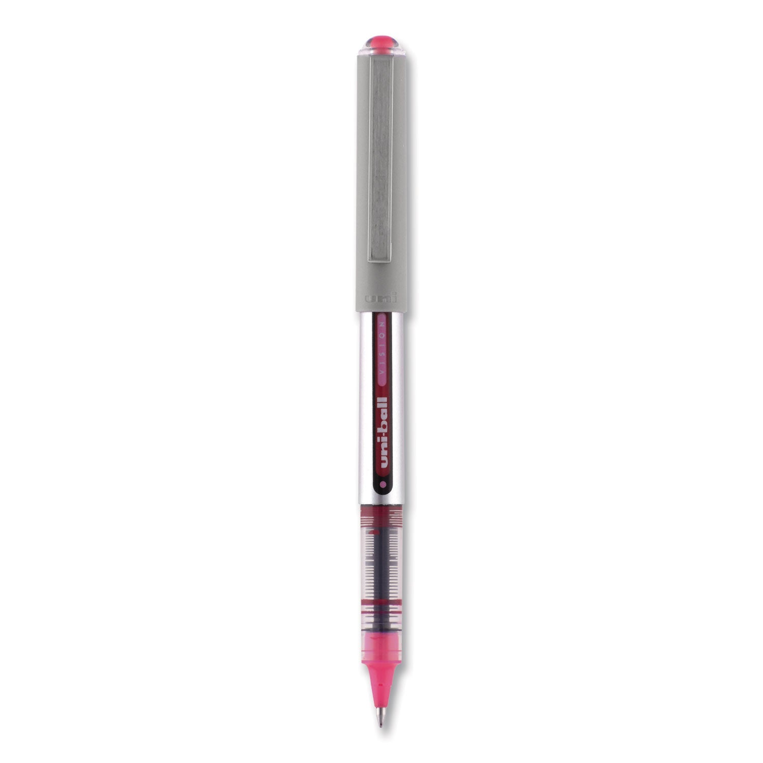 uniball VISION Roller Ball Pen, Stick, Fine 0.7 mm, Passion Pink Ink, Gray Barrel, Dozen