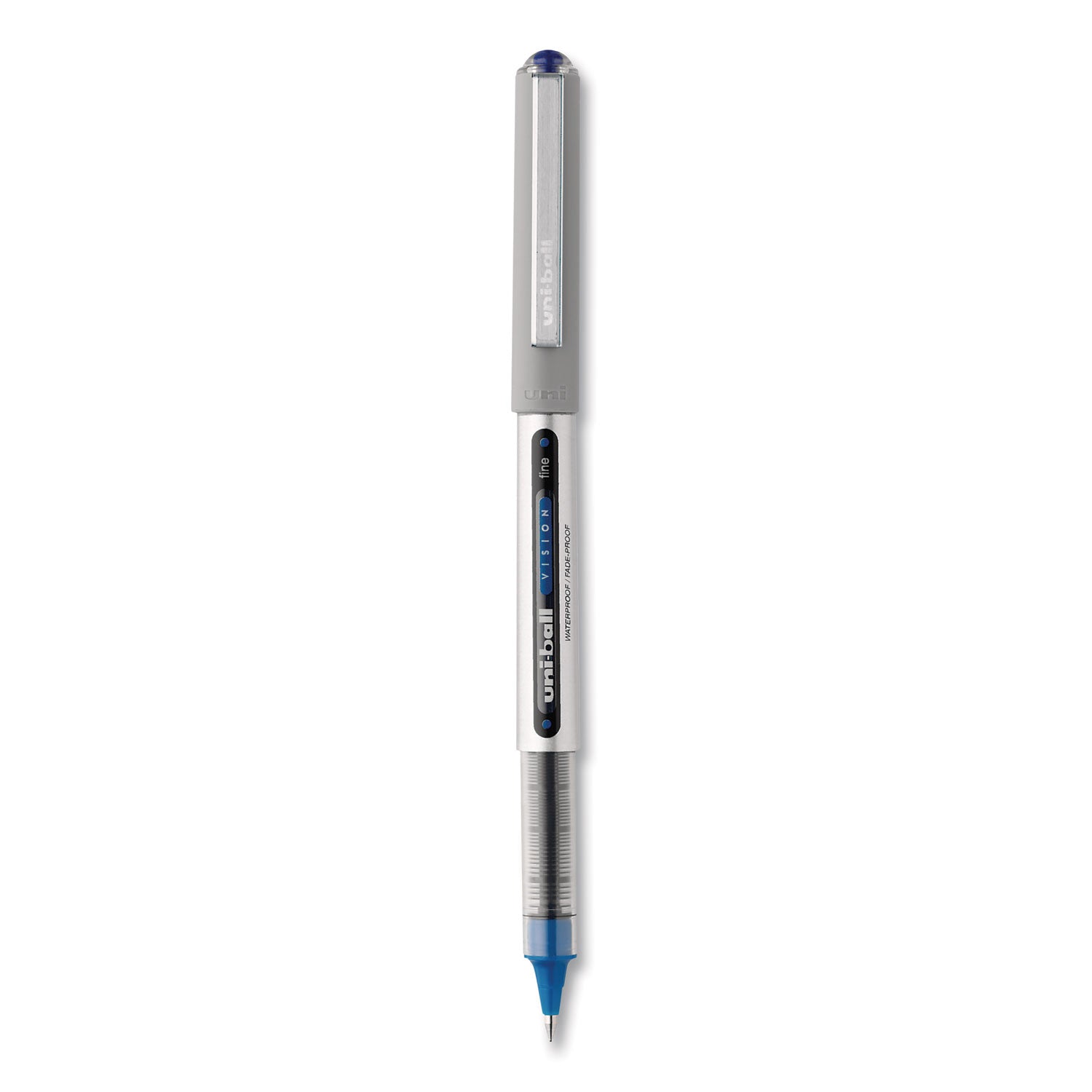 uniball VISION Roller Ball Pen, Stick, Fine 0.7 mm, Blue Ink, Blue/Gray Barrel, Dozen