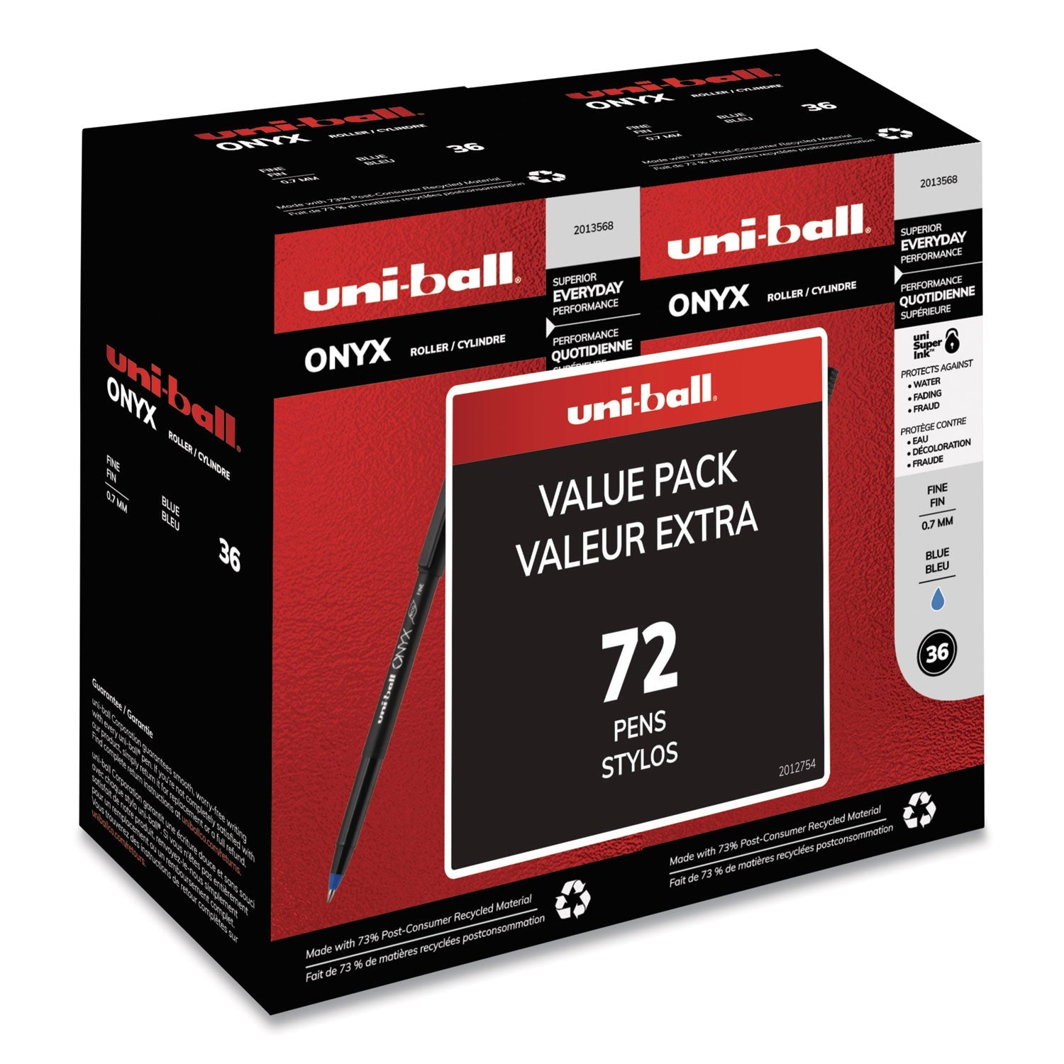 uniball ONYX Roller Ball Pen, Stick, Fine 0.7 mm, Blue Ink, Black Matte Barrel, 72/Pack